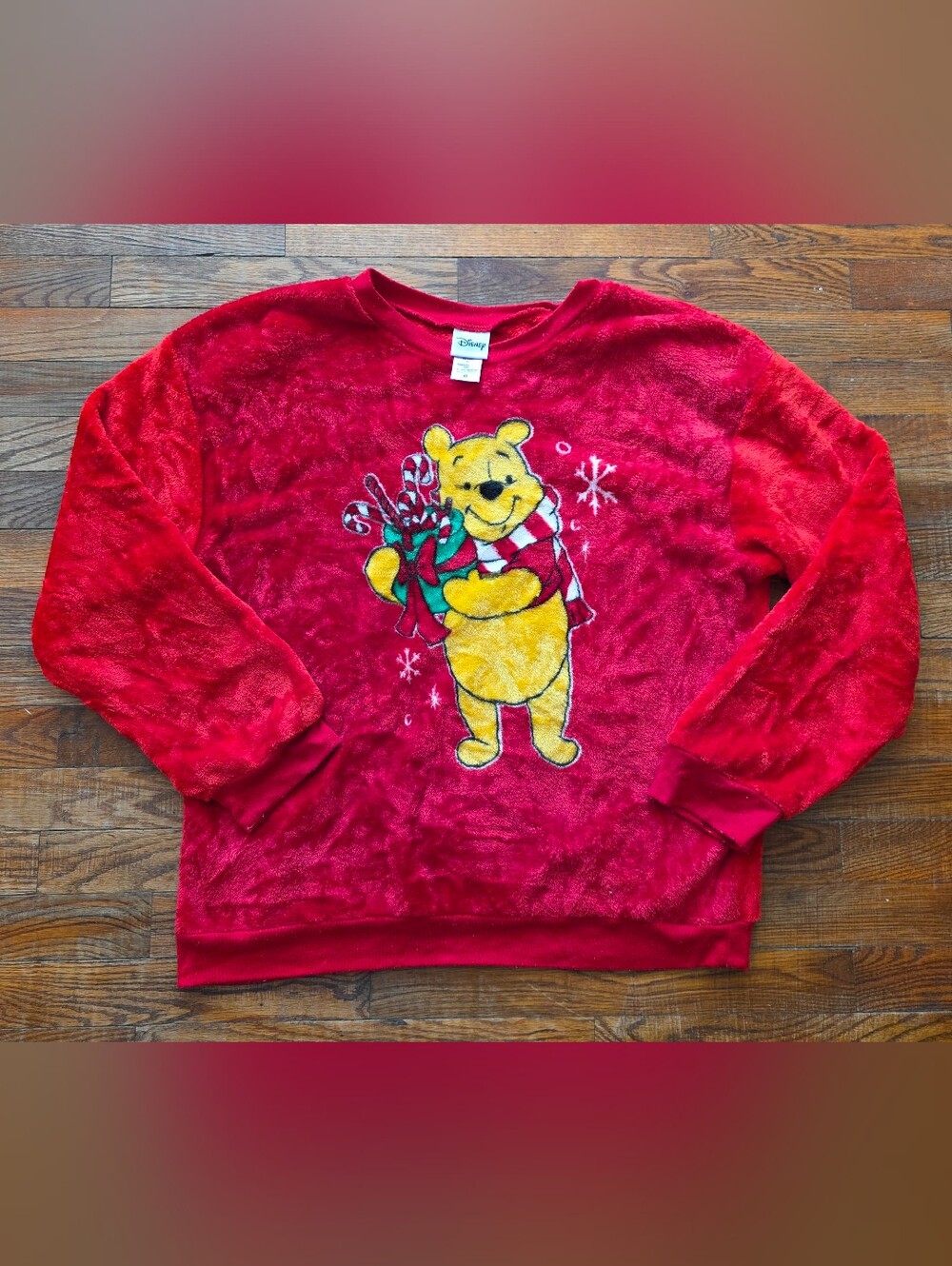 Disney Women’s Red Winnie the Pooh Plush Holiday Crewneck